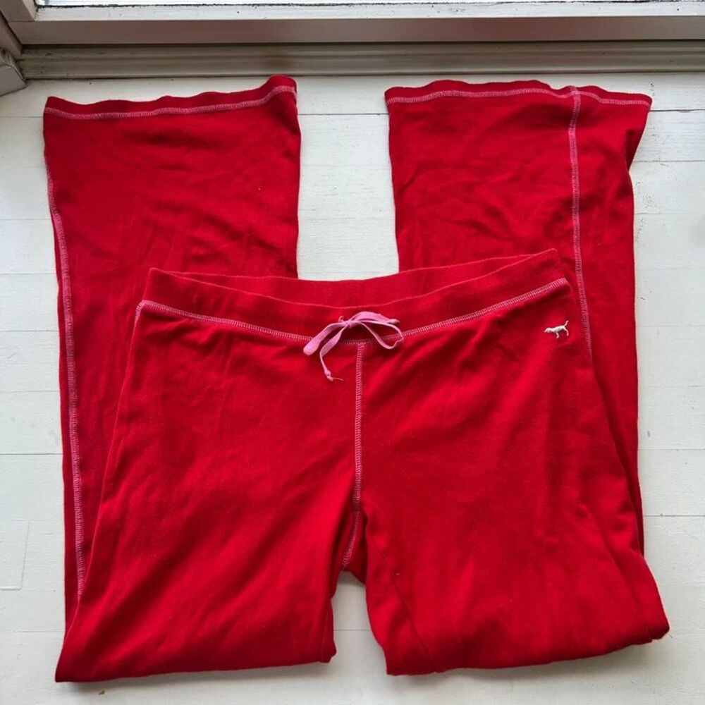 Y2K Vintage Victorias Secret Pink Flare Leg Sweatpants Low Rise Red Drawstring